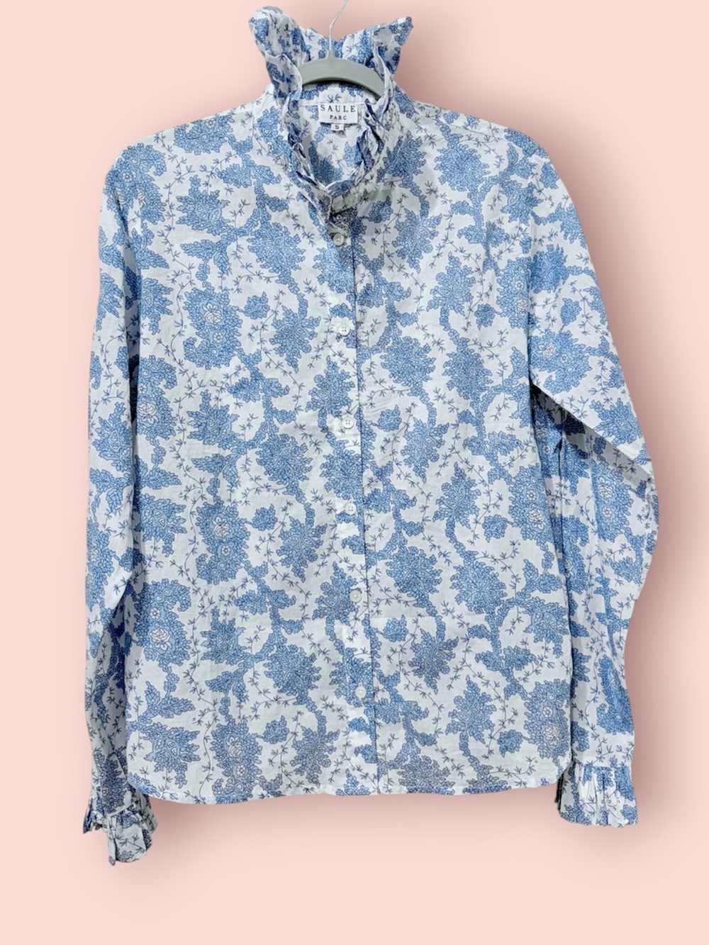 SAULE PARC Cotton Ruffle Trim Button Down Shirt